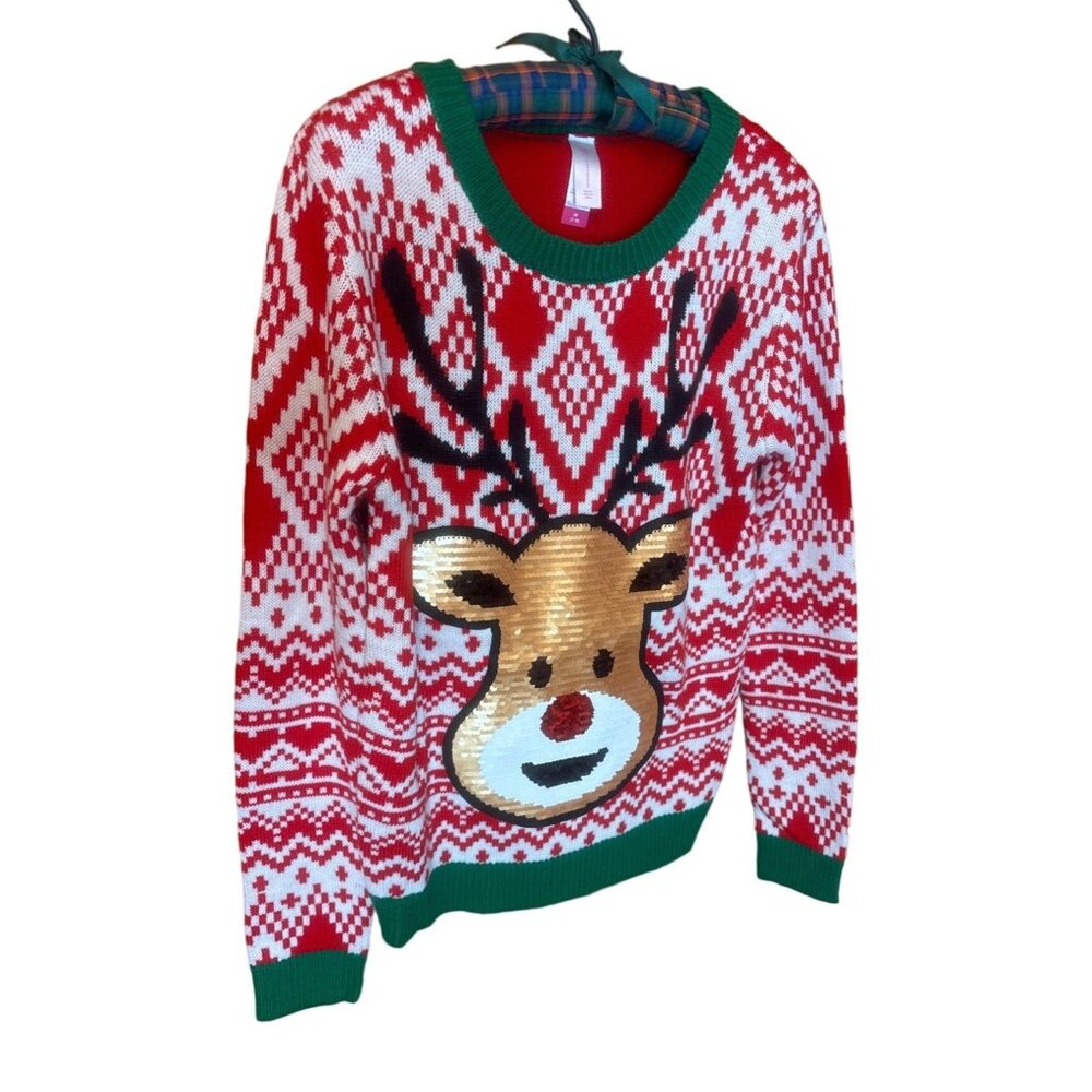 Reindeer Sequin Christmas Sweater Medium Size M Ugly Sweater Party Holiday Knitw